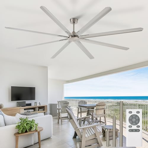 BvenuBigLite Large Ceiling Fan without Light: 100 Inch Outdoor Fan No Light Aluminum Blade - Industrial Big Ceiling Fan with Remote for Shop Garage Patio Gym 6 Speeds Timer Brushed Nickel Silver