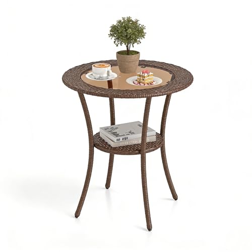 LIFEZEAL Polyrattan Gartentisch Ø 60 cm, Runder Balkontisch mit Glasplatte, Beistelltisch Wetterfest mit Aufbewahrungsregal, Kleiner Tisch für Balkon Terrasse Bistro