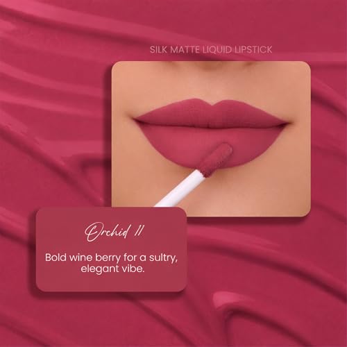 Image of Parul Garg Beauty Silk Matte Liquid Lipstick | Long-Lasting & Smudge-Proof | Soft Matte Finish | Vegan & Clean Beauty | Hydrates with Shea Butter & Vitamin E | Shade: Orchid 11 - Wine Berry, 3ml