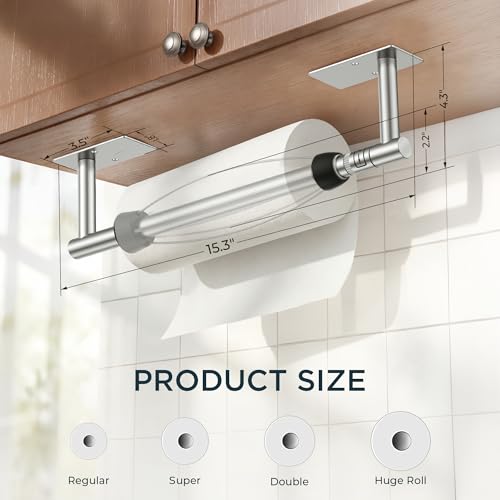 Image of FORIOUS Paper Towel Holder Under Cabinet, Single Hand Operable with Adjustable Damping for Easy Tear, Adhesive or Drill Wall Mount,304 Stainless Steel Commercial Paper Towel Holder for Kitchen, Silver