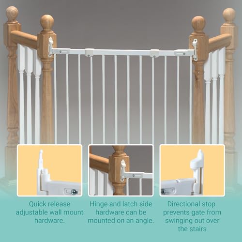KidCo 28-42.5" Angle Mount Safeway Angeled Baby Gate for Stairs with Banister or Uneven Walls | No-Trip Top of Stairs Baby Gate No Bottom Bar | Quick-Release Mounted Hardware (White)
