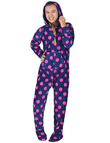 Footed Pajamas - Navy Pink Polka Kids Hoodie Chenille Onesie - Kids - Large (Fits 4\'9 - 4\'11\") - Thumbnail 4
