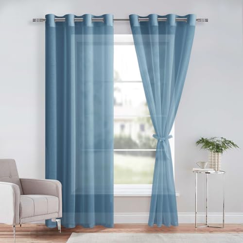 DWCN Lot de 2 Rideaux Voilages à Oeillets pour Fenêtre, Rideau Transparents avec Embrasses pour Salon Chambre d'enfant, Bleu Foncé, 140x260cm (Largeur x...