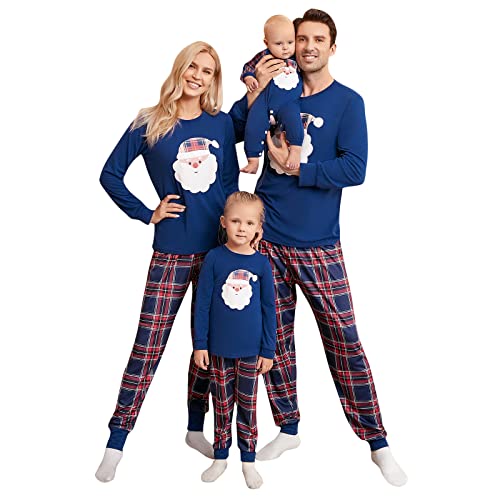 Honwenle Family Christmas Pjs Matching Sets Christmas Pajamas Santa Printed Top and Plaid Pants Sleepwear for Family