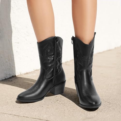 DREAM PAIRS Cowboy Boots for Women, Mid Calf Cowgirl Boots with Embroidery Round Toe Western Chunky Low Heel Shoes,Size 9,All Black,DWUMMB2505
