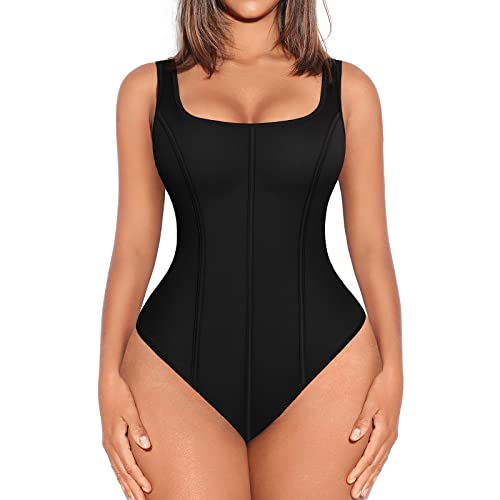 Feelingirl Shaping Bodysuits For Women Black Sleeveless Thong Body Suits Square Neck Tummy Control Body Shaper Tops #TOP27