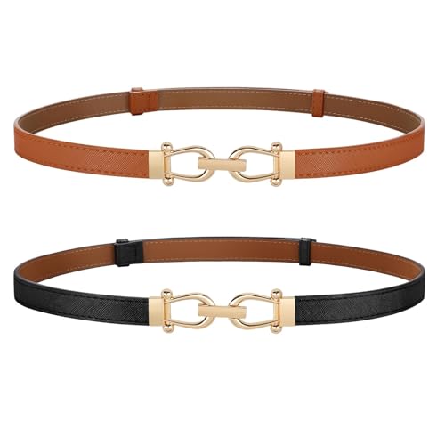 JASGOOD 2 Pack Women’s Thin Belts Pu Leather Adjustable Skinny Waist Belts for Jeans Pants Dresses with Gold Buckle