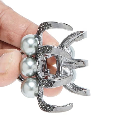 Image of Radhu & Kabby Hair Clips for Women | Stylish Mini Claw Clips | Elegant Floral, Pearl & Leaf Design Clutchers | Durable & Strong Grip | Metallic Grey Hair Accessories | Set of 3