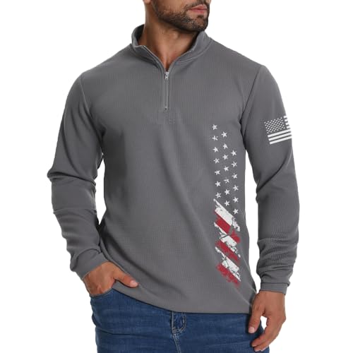 H HYFOL Mens Sweatshirt Waffle American Flag USA Patriotic Graphic Quarter Zip Stand Collar Casual Pullover