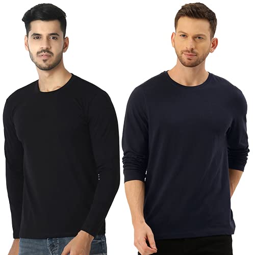 Image of Round Neck Full Sleeve Plain-Solid Regular Fit Casual Men's Multicolor T-Shirts (Pack of 2)