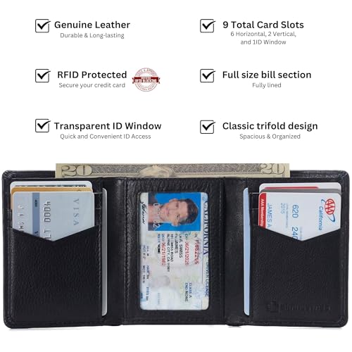 Alpine Swiss Men's Leon RFID Trifold Pocket Wallet – Genuine Leather Wallet for Men, Slim Design with ID Window & Multiple Card Slots, Classic RFID Safe Pocket Wallet in gift box3