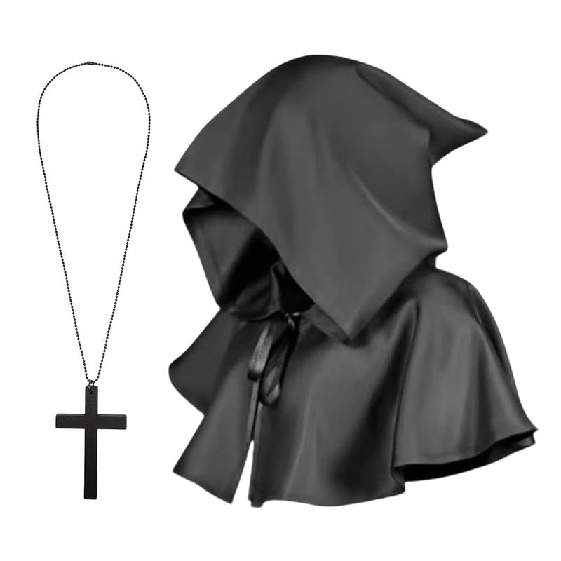 YAUOIPI 2 Piezas Conjunto Disfraz de Halloween,Vintage Medieval Cowl Sombrero y Collar con Cruz Renacentista Capucha Pagana Accesorio para Vampiro Muerte Cosplay Halloween (Negro)