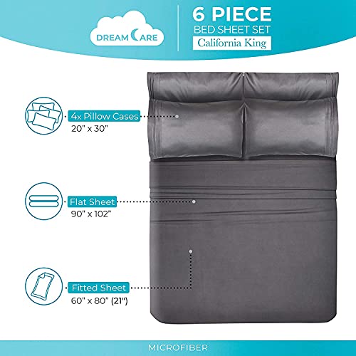 Image of DREAMCARE California King Sheet Sets - 6 pcs Breathable Cooling Sheets | up to 21 inch Extra Deep California King Sheets with Side Pockets - Extra Soft 100% Double Brushed Hotel Luxury Bedding - Gray