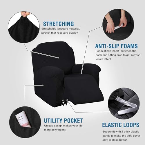 Image of H.VERSAILTEX Stretch Recliner Slipcovers 1-Piece Durable Soft High Stretch Jacquard Sofa Furniture Cover Form Fit Stretch Recliner Cover /Protector (Recliner, Black)