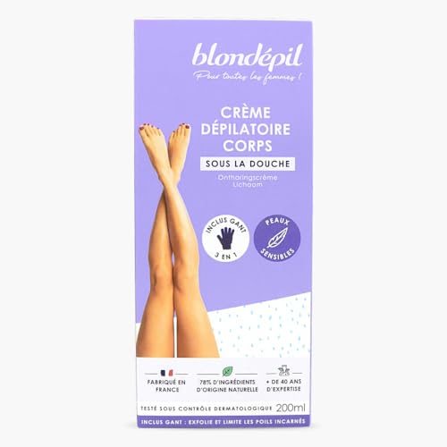 Crème Dépilatoire Blondépil pour Jambes Douces avant l'Été avec son Gant Gommant