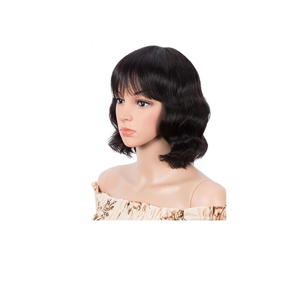 xiuling4568 8 inch Short Pixie Wavy Bob Human Hair Wigs with Bangs for Women Brazilian Remy Hair Wig Hairs Extensions(BLACK)