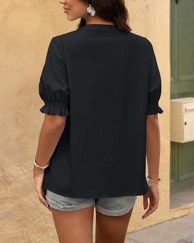 BTFBM Women's 2025 Summer Tops Casual Floral Boho V Neck Puff Short Sleeve Button Down Shirts Embroidered Blouses Tunic