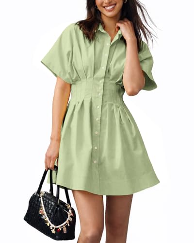 Shy Velvet Women's Mini Shirt Dress Button Down Short Sleeve Collared Dress