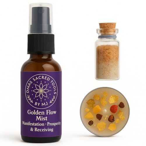 Golden Flow Mist Ritual Kit – Spiritual Gift Box with Manifestation Spray, Prosperity Candle & Spell Jar – Abundance Tools for New Moon, Energy Work & Law of Attraction