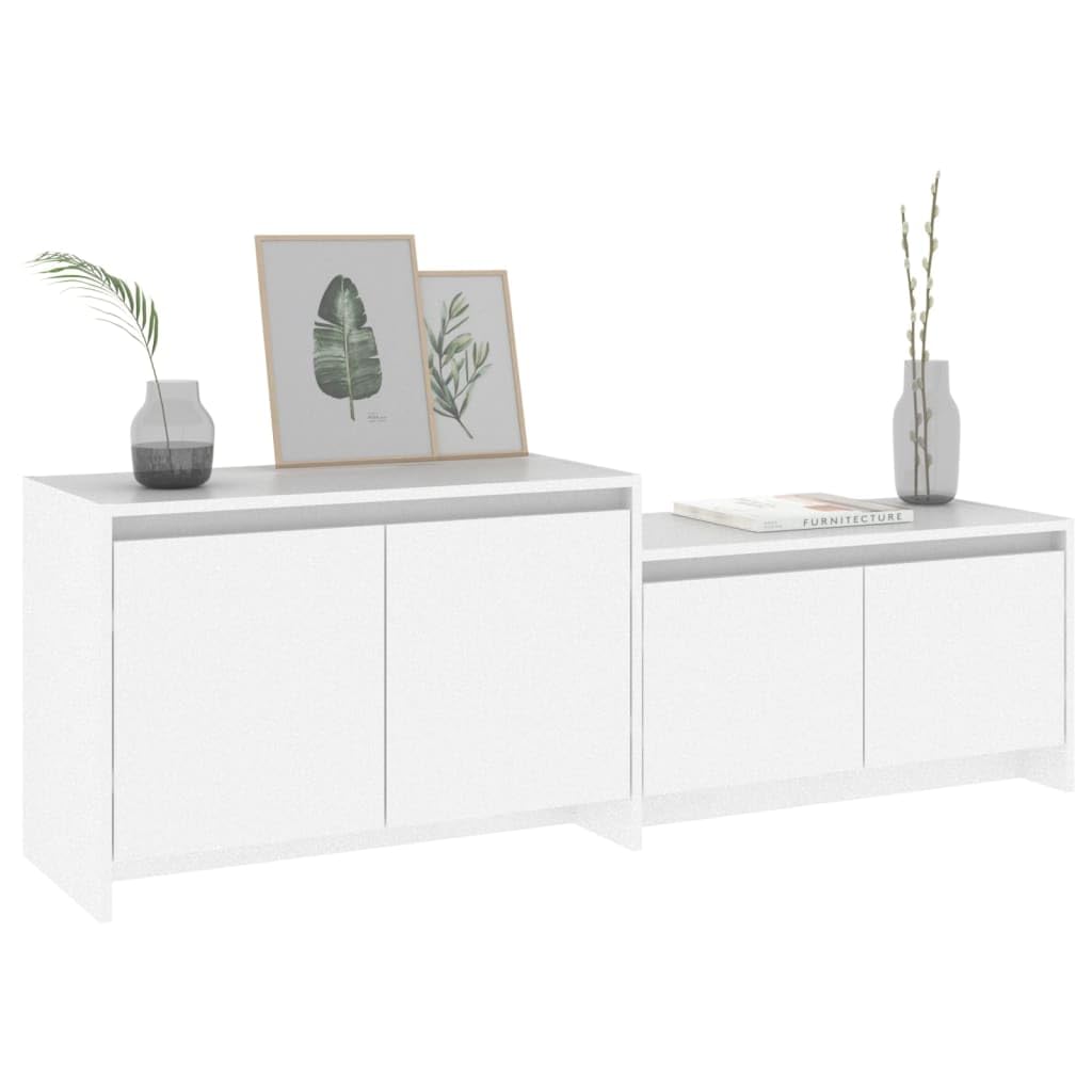 Szafka TV biała 146,5 x 35 x 50 cm, materiał drewnopochodny, 4 drzwi, trwała, do salonu, konsola medialna, uniwersalna podstawka pod telewizor, łatwy montaż