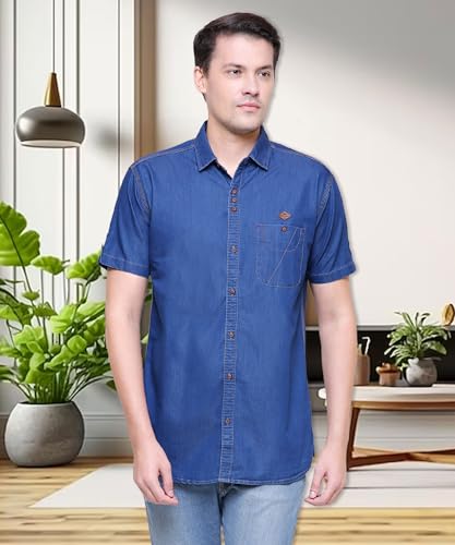Image of Kuons Avenue Men's Denim Half Sleeve Casual Shirt | Jeans Shirt for Men | Half Sleeves | Spread Collar