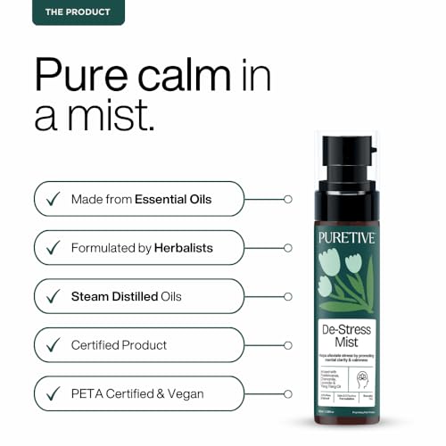 Image of PURETIVE | De-Stress Plant Therapy Scent Mist | Body+Linen+Room | Stress Relief Scent Mist with Essential Oil | Helps to Reduce Stress | Promotes positivity & uplifts mood | 100ml