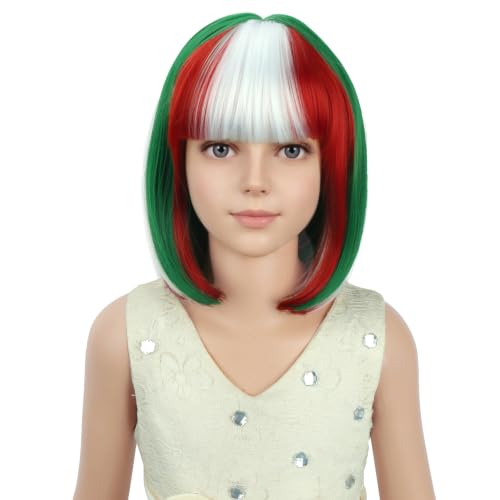 Image of PATTNIUM Girls Green White and Red Bob Wig Kids Christmas Short Straight Wig with Bangs Cosplay Party Synthetic Rose Net Daily Wear Wig