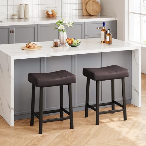 IDEALHOUSE Set de 2 Butacos Elegantes de 24 Pulgadas sin Respaldo, Asiento Curvado Tapizado en PU Leather con Estructura Metálica y Reposapiés para Cocina o Bar en Casa (Marrón) miniatura 7
