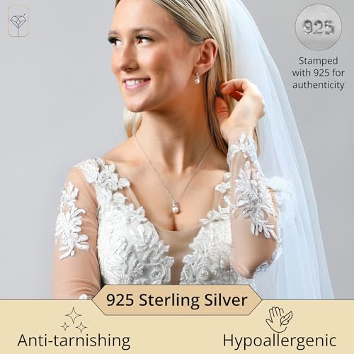 Real Diamond Sterling Silver Pearl Necklace and Earring Set | Hypoallergenic Real Cultured Freshwater Pearl Jewelry Set with 18 Inch Silver Chain | Diamond Bridal Bridesmaid Set for Women with Gift Box by MAX + STONE3