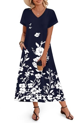 Image of Zeagoo Women Summer Floral Dress Short Sleeve Beach Dress with Pockets Casual V-Neck Split Long T-Shirt Dress Travel Vacation