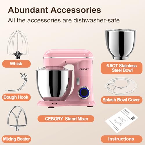 Image of CEBORY 3-IN-1 Electric Stand Mixer, 6.5QT Bowl 660W 10-Speed Kitchen Mixer, Household Food Mixers include Dough Hook, Beater and Whisk, Bread Cake Mixer for Baking and Most Home Cooks, Pink