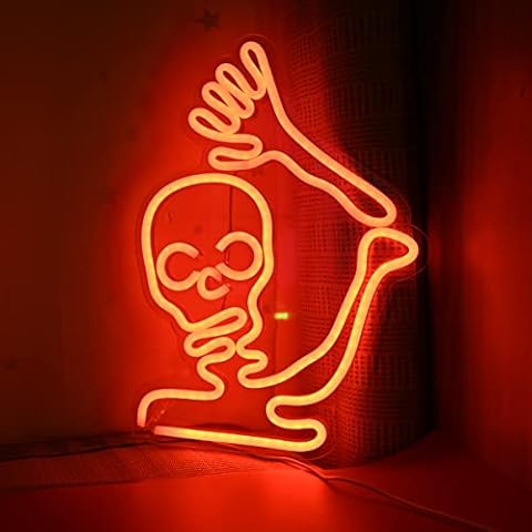 Halloween Skull Neon Sign 16 x12" - Red Beautiful Handmade Halloween Skeleton Led Signs For Room Wall Decor,Cool Led Signs for Halloween Party,Halloween Decorations,Room Windows Décor (Skull)… Cover