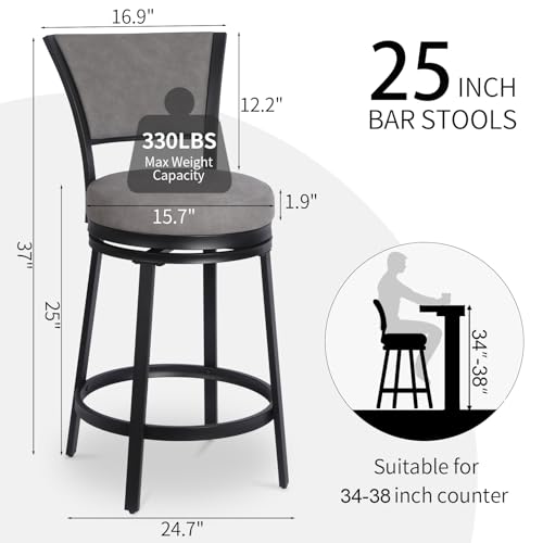 FLYZC Bar Stools, Modern Counter Height Barstools Set of 2, 25\" Faux Leather Round Swivel Bar Stools with Back, Upholstered Metal Bar Chairs for Kitchen Island, Kitchen Counter, Pub, Grey