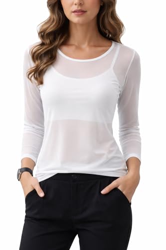 Top para mujer de malla transparente de manga larga, Top de tul de segunda piel, ideal superposición con caraco, look chic de noche, blanco, Talla única