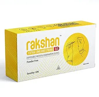 Rakshan ELS Gloves Extra Long, Strong 300mm/9.5g Natural Latex, All-Purpose, Powder-Free - Pack of 50 pieces (Large)