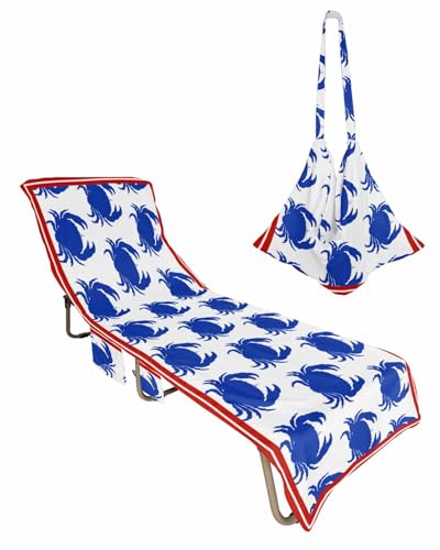 Crab Blue Beach Chair Towel Covers for Chaise Lounge with Side Pocket, Soft Plush Pool Towels Cover for Patio Sunbathing Outdoor 29''x85'' Coastal Summer Beach Sea Red White