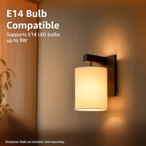 Image of Amazon Basics Deewar Sunset Wall Lamp | Wooden Bracket with Cream Fabric Shade | E14 Holder | Decorative Wall Light for Bedroom, Living Room, Hallway & Home Decor