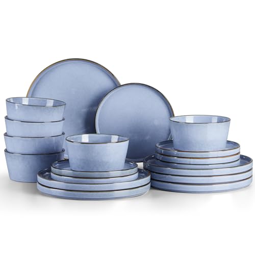 Homikit Vaisselle set 6 personnes, 18 pièces service de table en grès, émail réactif bols à céréales, assiettes à dessert et assiettes plates, lavable en machine, sérénité bleu