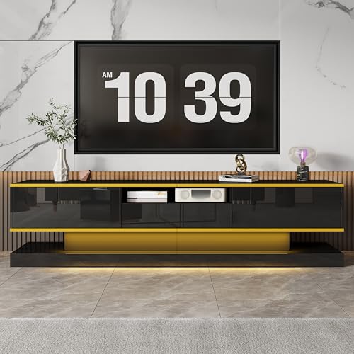 LAKFEW Mueble TV 180 cm de hasta 75 Pulgadas, Muebles TV con con Luz LED, Mueble Television con 3 Cajones y Compartimento Abierto, Muebles de Salon, 180x38x45 cm, Negro+Dorado