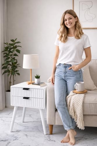 Image of Brown Art SHOPPEE Wooden Bedside Table for Bedroom | Line Design Bed Side Nightstand Lamp Table with 2 Drawers for Home | Side Table for Living Room | Premium Engineered Wood & Wood Legs (White)