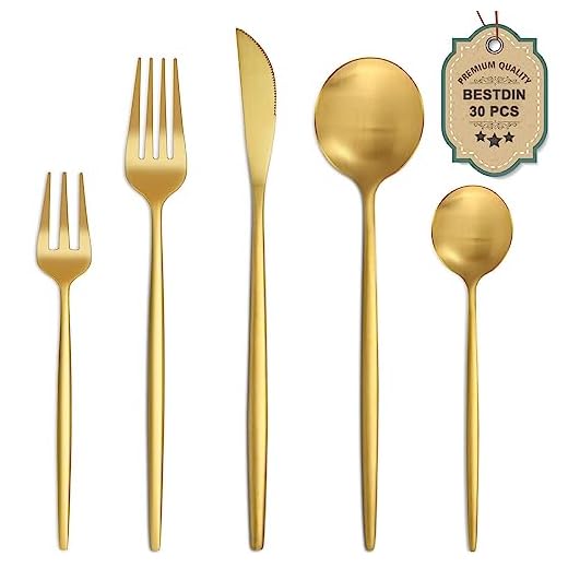 Bestdin Juego de cubiertos dorados mate, 30 piezas, juego de cubertería para 6 personas, con cuchillo, tenedor, cuchara, acero inoxidable, apto para lavavajillas