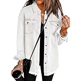 oversized jean jacket Denim Jackets Women Baggy Button Down Long Sleeve Jean Top Frayed Hem Boyfriend Style Casual Jean Coat with Chest Pockets Distressed Trucker Jacket for Spring Summer