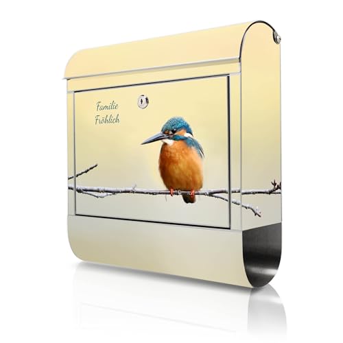 banjado Briefkasten Edelstahl personalisiert 38x43x12cm & 2 Schlüssel - rostfreier Edelstahl Briefkasten mit Zeitungsfach - Postkasten A4 Einwurf inkl. Montagematerial - Motiv Pause