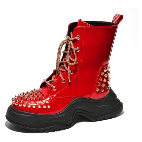 Combat Boots Womens Studded Ankle Boots for Women - Lace Up Boots for Women's Platform Ankle Boots - Platform Combat Boots Women (Jadey) - Red Size 10 Cover