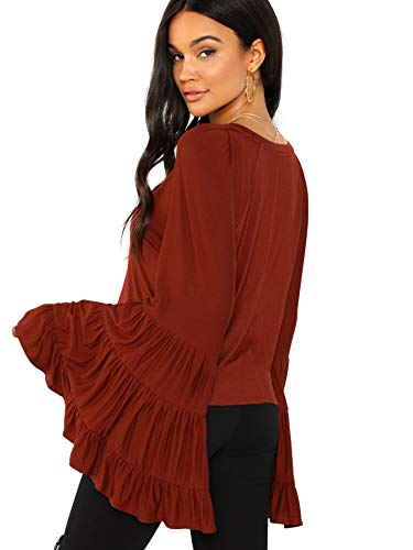 Floerns Women's Casual Ruffle Bell Sleeve Loose Blouse Shirt Tops A Brown L