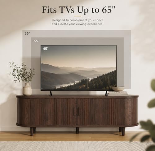 MXV 58" Mid-Century Modern TV Stand with Sliding Doors, TV Consoles with Power Outlet, Fluted Entertainment Center with Adjustable Shelves for Living Room - Image 5