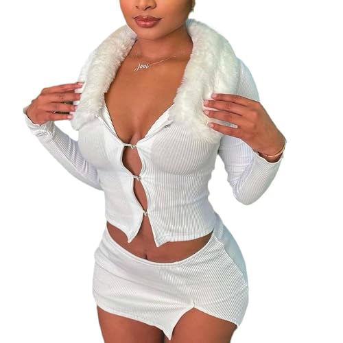 Image of Women Sexy 2 Piece Outfits Rave Tie-up Feather Trim Fur Long Sleeve Cardigan Deep V Blouse