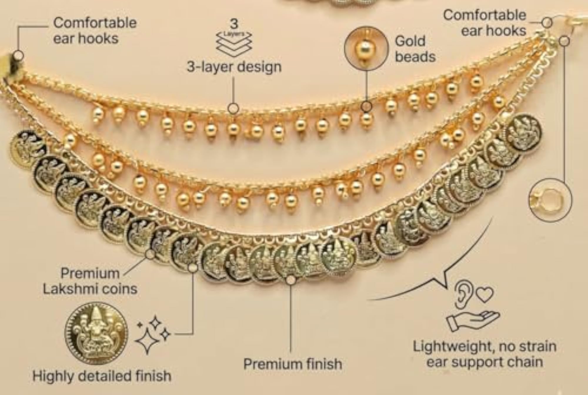 Gold Plated 3 Layer Ear Chain Support for Jhumka Earrings