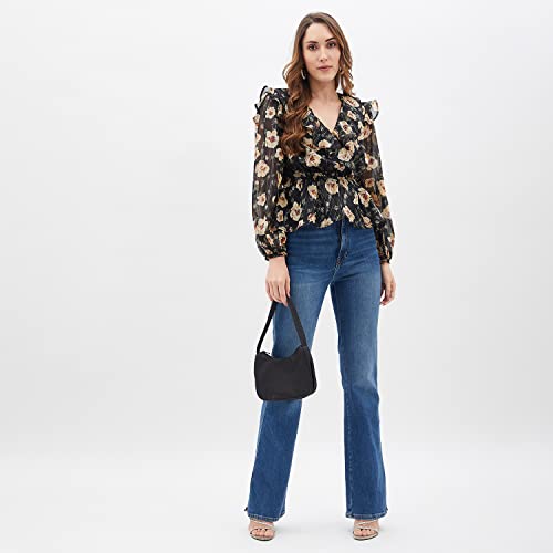 Image of Kibo Women's Black Floral Print Long Sleeve Ruffle Top