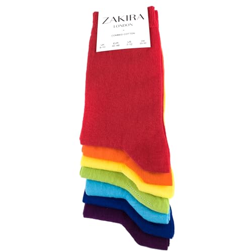 ZAKIRA Finest Combed Cotton Dress Socks in Plain Colours for Men, Women, Rainbow 7-PACK3